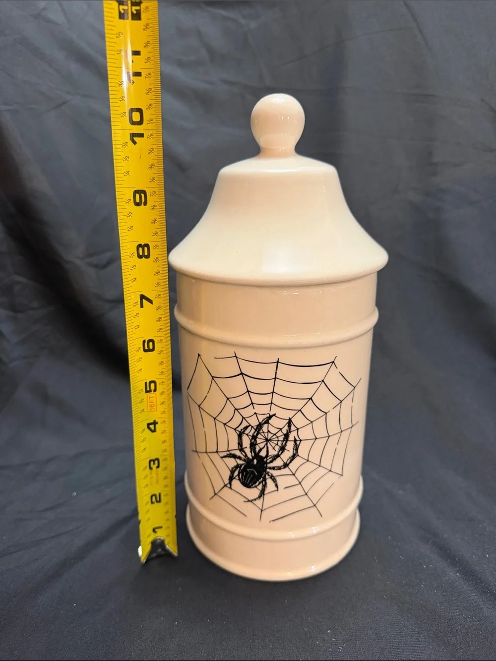 Vintage Cream Ceramic Canister with Black Spider Web Design